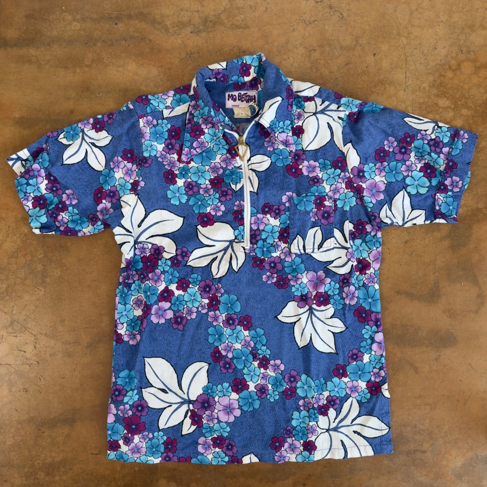 Vintage Mo Bettah Hawaii Cotton Floral Half Zip Hawaiian Shirt Blue Mens M